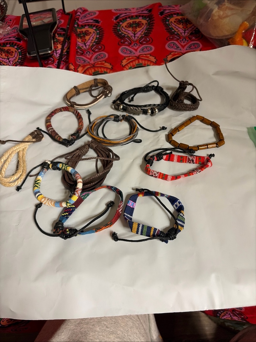 Boho leather fabric feather ethnic adjustable bracelets lot set of 12